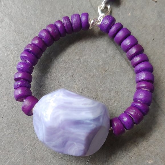 Handmade Round Circle Purple Stone Beaded Dangle Drop Earrings - Picture 2 of 5